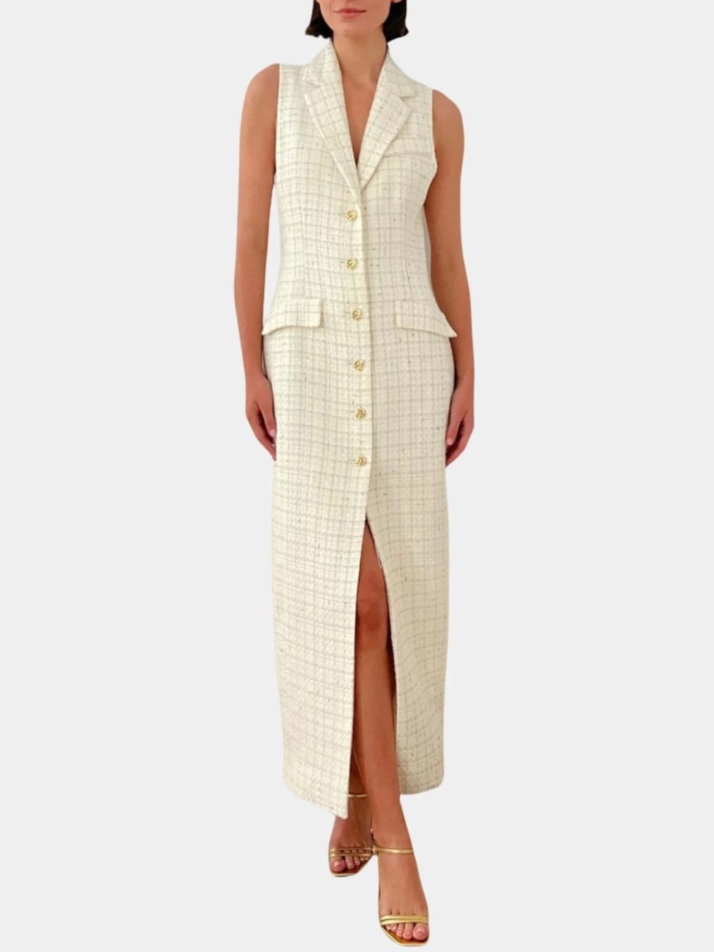 Amanda Uprichard Sleeveless Cream Tweed Button-Front Maxi Skirt